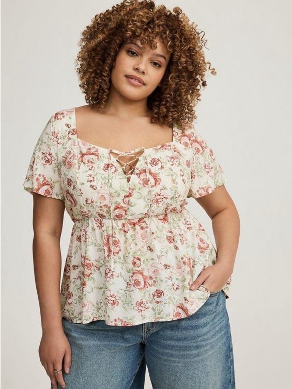 Torrid Soft Vintage Roses Babydoll Lace-Up Top